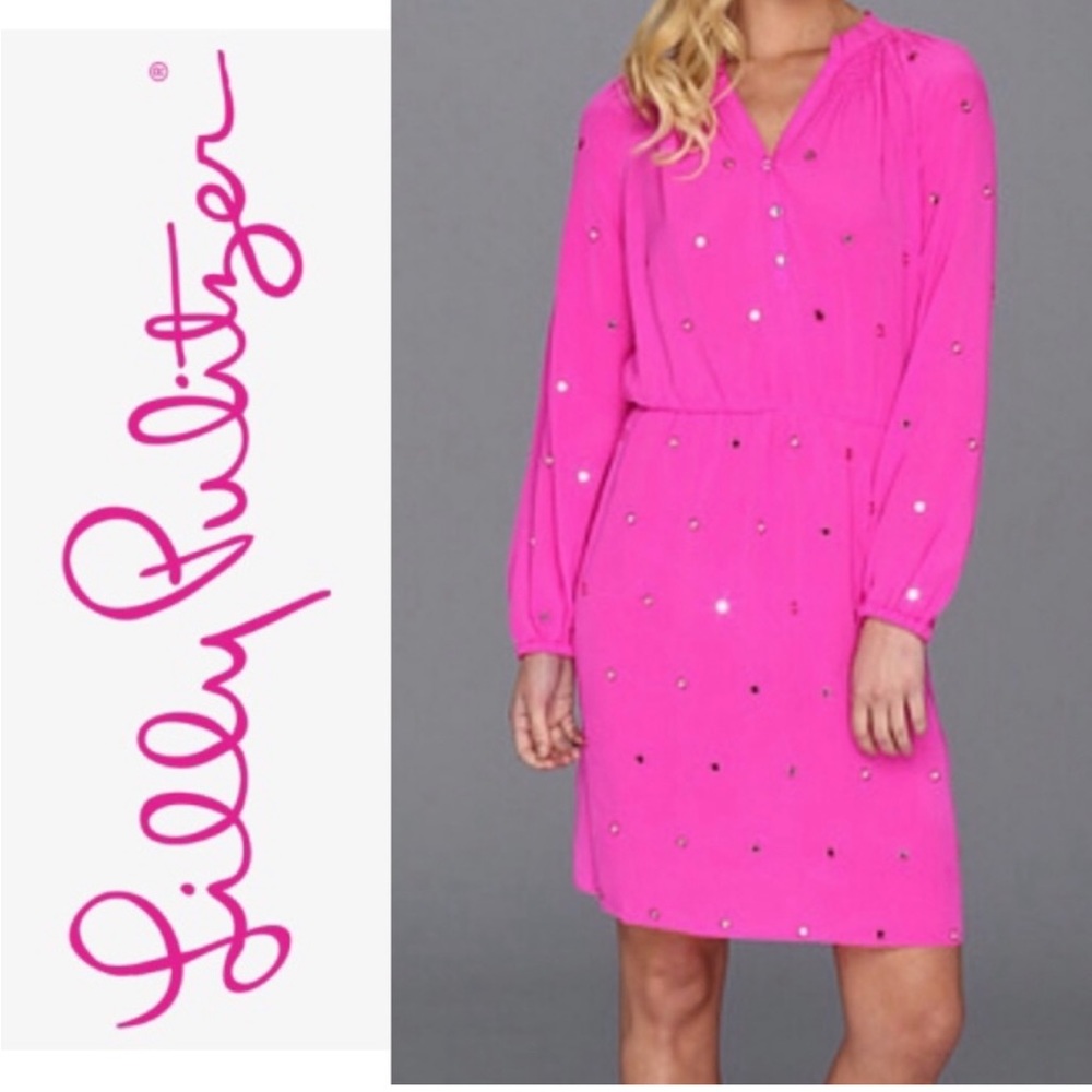 SALE!! Lilly Pulitzer Turner Silk Hot Pink Mirrored Embellished Dress